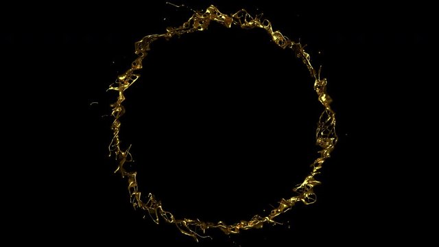Golden liquid circle shape with reflections on transparent background. Gold splash radial forming with alpha channel.