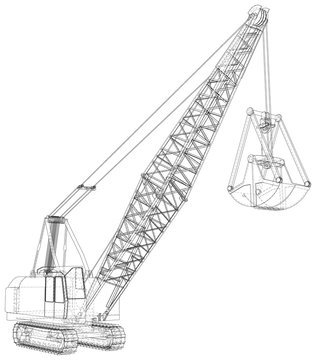 recommend clip art: Dragline walking excavator. Vector rendering of 3d. Wire-frame style. The layers of visible and invisible lines are separated.