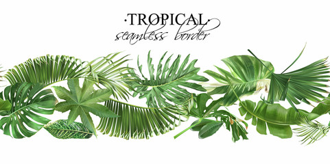 Vector seamless border with green tropical leaves - 332168518