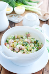 Traditional summer okroshka soup with sausage in a white bowl, selective focus