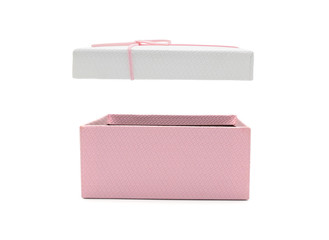 Pink-white gift box and pink ribbon. For giving on special occasion, birthday, valentine, anniversary isolated on white background.