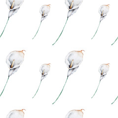 Hand drawn watercolor white calla lily flowers and green leaves Seamless pattern on white background - obrazy, fototapety, plakaty