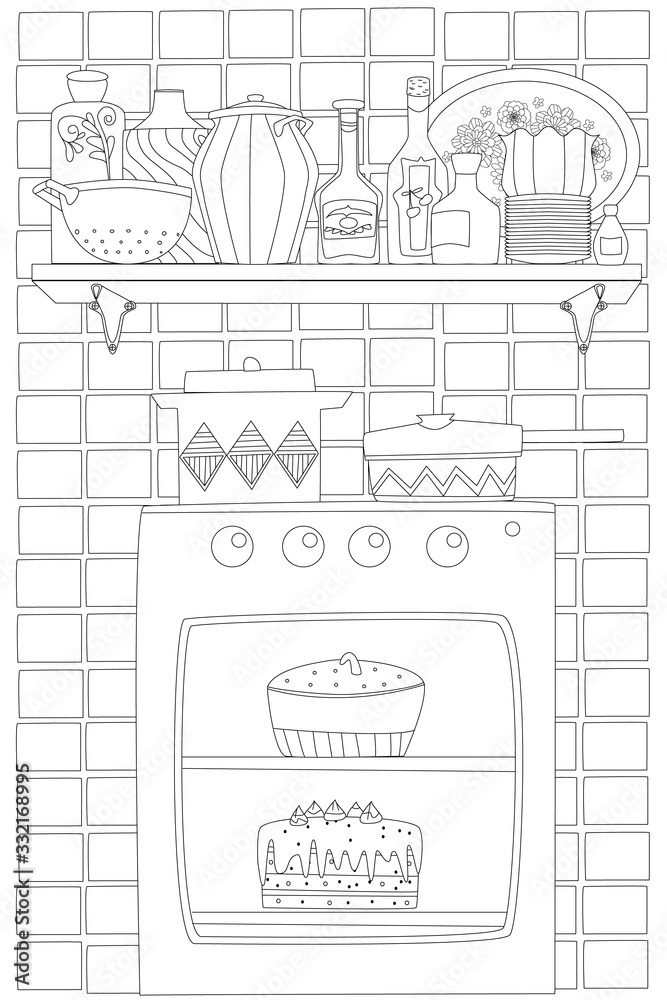 Wall mural cozy homey kitchen with cake in stove and wall shelf of tablewar