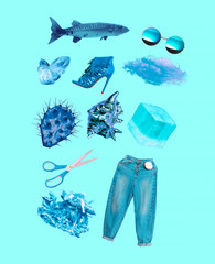 Blue colour art collage kit. Fashion objects aesthetic design