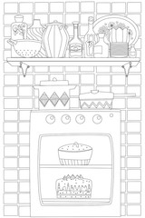 Fototapeta premium cozy homey kitchen with cake in stove and wall shelf of tablewar