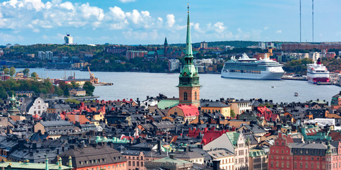 Scenic summer aerial view of Gamla Stan in the Old Town in Stockholm, capital of Sweden