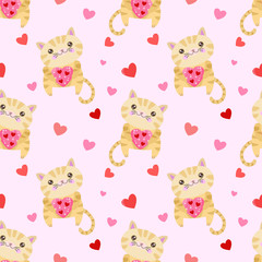 Cute yellow cat with heart shape seamless pattern.