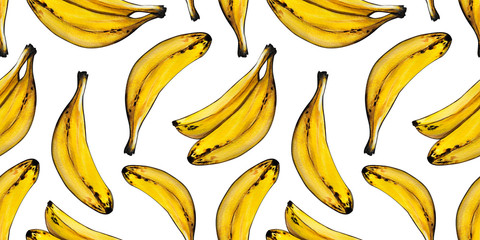 Fruit banana seamless pattern. Yellow bananas. Design for Wallpaper, fabric, textiles, food, postcards, packaging, website. Acrylic hand- Drawn illustration.