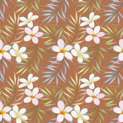 Obraz premium seamless pattern with tropical leaves and plumeria flowers for fabric textile wallpaper.