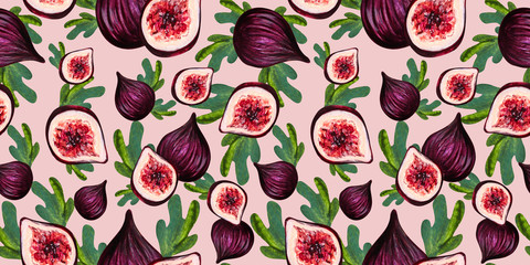 Seamless isolate pattern with figs. Tropical cut fruit. Hand-drawn acrylic illustration. Design for cards, Wallpaper, fabric.