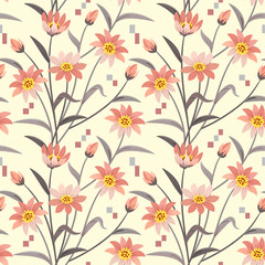  Decorative flowers in vintage color seamless pattern.