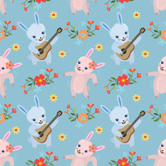 Cute rabbit dance and play guitar in flowers garden pattern.