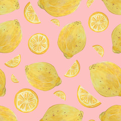Seamless isolate pattern with lemon. Tropical cut fruit. Hand-drawn acrylic illustration. Design for cards, Wallpaper, fabric.
