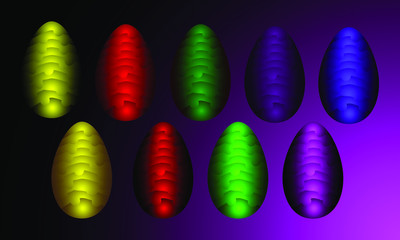 a set of several multi-colored luminous neon Easter eggs located on different layers on a combined background