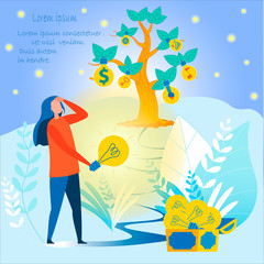 Woman Found Chest with Metaphor Ideas Lamps. Girl Holding Shining Light Bulb Looking for Creative Goals. Tree with Business Motivations, Targets, Facilities. Ad Text Banner. Vector Flat Illustration
