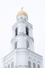 Russian orthodox church of Saint Nicholas in the bell tower in Samara, Russia - 7 february 2020 year. Soft focus