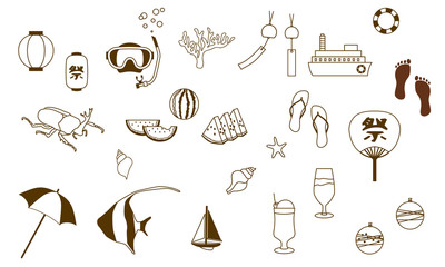 ベクター　イラスト　セット　夏　季節　線画　ラインアート　シンプル　