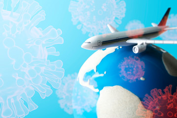 airplane travel of nCov covid-19 structure coronavirus crisis outbreak pandemic biohazard cell atom...