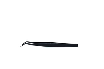 Black color forceps tweezer bend at the end or angled tweezer isolated on white background.