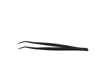 Black color forceps tweezer bend at the end or angled tweezer isolated on white background.