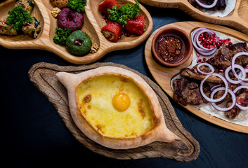 Georgian cuisine food set. Georgian restaurant. Restaurant background.