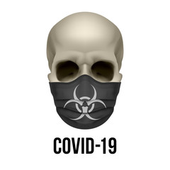 Illustration of Human Skull in Black Mask Isolated on White Background. Biohazard. Coronavirus Alert. Design element for Card, Banner, Flyer or Emblem