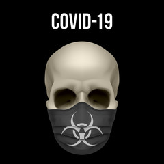 Illustration of Human Skull in Black Mask Isolated on Black Background. Biohazard. Coronavirus Alert. Design element for Card, Banner, Flyer or Emblem