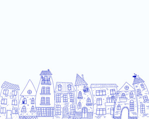 Fototapeta premium Horizontal border. Linear drawing of fairy houses Vector illustration.