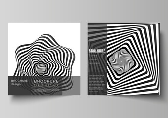 The minimal vector layout of two square format covers design templates for brochure, flyer, magazine. Abstract 3D geometrical background with optical illusion black and white design pattern.