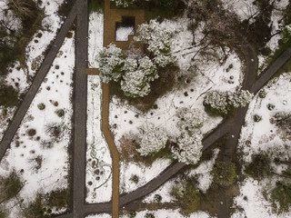 Flying over prak in the early spring. The snow is melting and the grass is green among the paths....