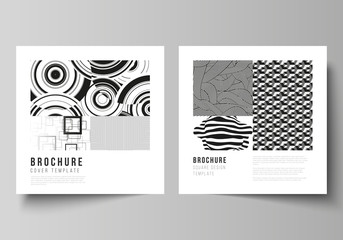 The minimal vector layout of two square format covers design templates for brochure, flyer, magazine. Trendy geometric abstract background in minimalistic flat style with dynamic composition.