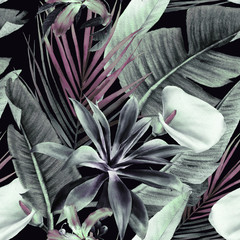 Seamless floral pattern with tropica flowers andl leaves on dark background. Template design for textiles, interior, clothes, wallpaper. Watercolor illustration