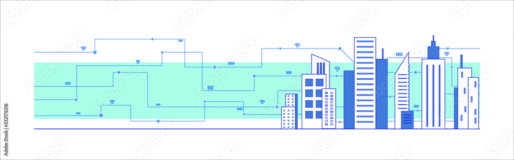 Wall mural flat illustration vector of smart city building, connect cityscape design for background