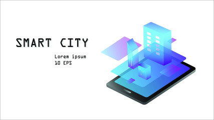 isometric smart city on smartphone illustration vector, future city design with copy space for text.
