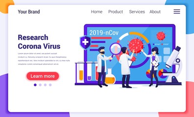 Research laboratory concept for Covid-19 Corona virus with scientists working at medicine laboratorium. Modern flat web page design for website and mobile website development. Vector illustration