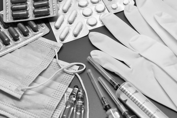 Medical equipment. Coronavirus protection. Medical face mask. Sterile gloves. Syringe and drugs....