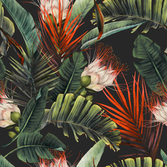 Naadloos bloemenpatroon met tropische bloemen en bladeren op donkere achtergrond. Sjabloonontwerp voor textiel, interieur, kleding, behang. Aquarel illustratie