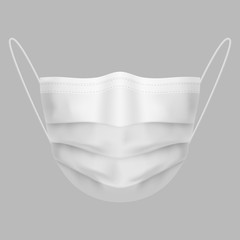 Medical Mask Realistic Illustration. White Breathing Respiratory Mask. Protection Against Viruses and Disease. The Hospital Protects Face Mask on Gray Background.