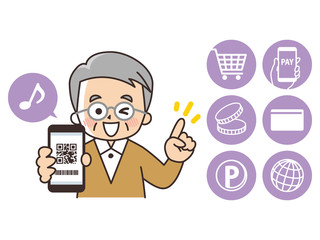 キャッシュレス決済　高齢男性　スマートフォン　QRコード　バーコード