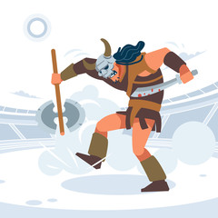 Roman gladiators fighting. A large warrior in a helmet with horns trampling his enemies. Vector isolated illustration. Flat cartoon style