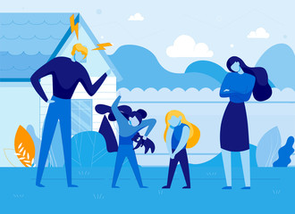 Fototapeta premium Parents with Different Reactions on Kids Bad Behavior. Angry Father Scrolling Quarreling Girls and Mother. Conflict, Problems in Children and Adults Communication. Flat Cartoon Vector Illustration.