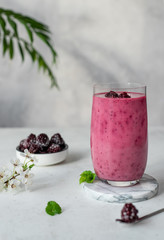 Fresh smoothie with blackberries, black currants and oat milk. detox diet food concept. gray background with palm leaves. vertical image. selective focus.