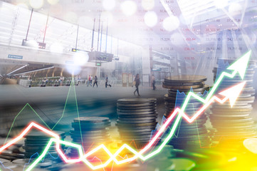 Stock market digital graph chart on LED display concept. A large display of daily stock market price and quotation. Indicator financial forex trade education background.  coins for finance concept