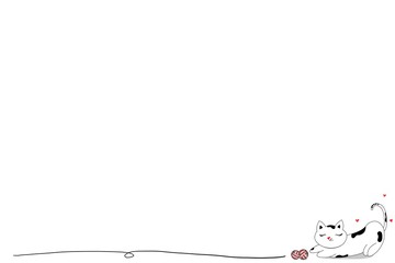 Hand drawing. Cute border red knitting ball, Meow (Cat) laying and blowing mouth with red heart isolated on white background. Copy space. Can be use decorate for greeting card, brochure, web.