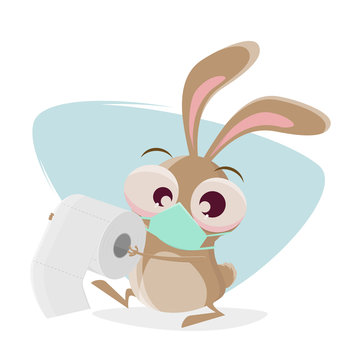 funny cartoon rabbit with breathing mask is bringing toilet paper as present