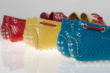 Colored python moccasins leather close up