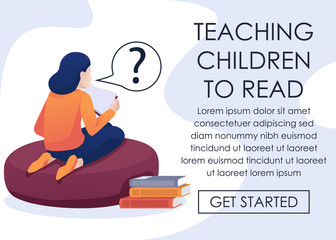 Online App for Teaching Kids to Read Themselves. Little Girl Having Question. Small Pupil Engaged in Self-Study, Reading Book. E-Learning, E-Book for Education. Vector Flat Cartoon Illustration