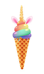Rainbow unicorn ice cream, fabulous food, dessert for children.Icon