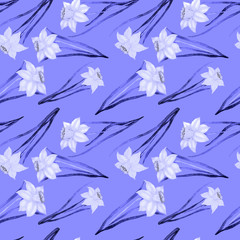 Fototapeta na wymiar Watercolor seamless pattern with spring flowers: tulips, daffodils, lilac, mimosa. Decorative floral pattern. Colorful nature background. Can be used for wedding invitations or any kind of a design.