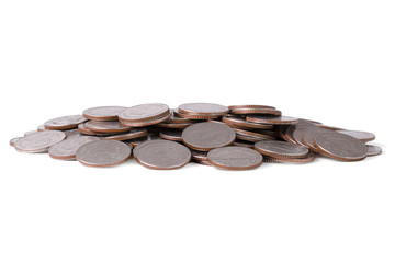 Isolated heap of coins on white background. Saving for business investment with clipping path.